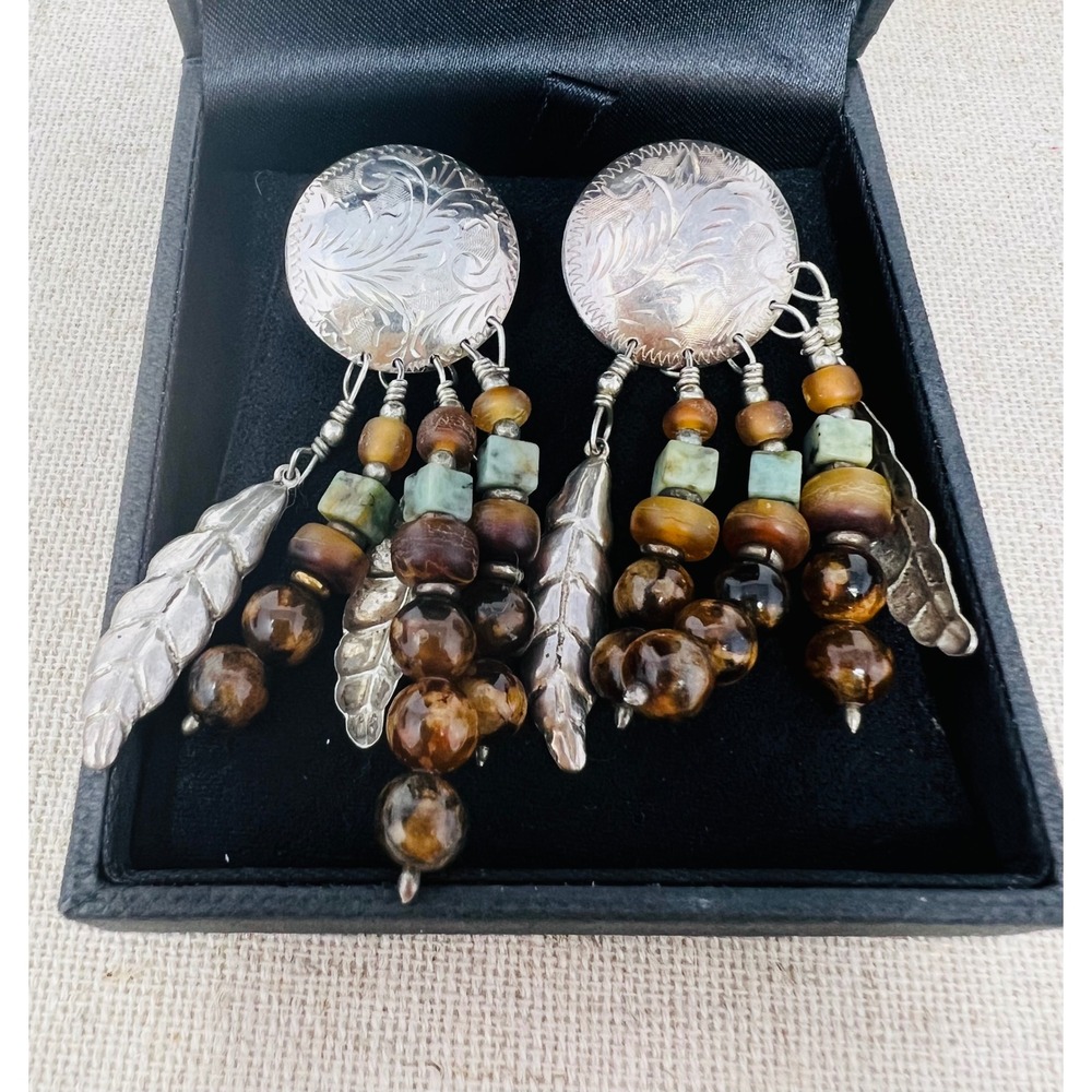 Sterling Silver 925 Southwestern Concho Feather Tiger Eye Turquoise Earrings